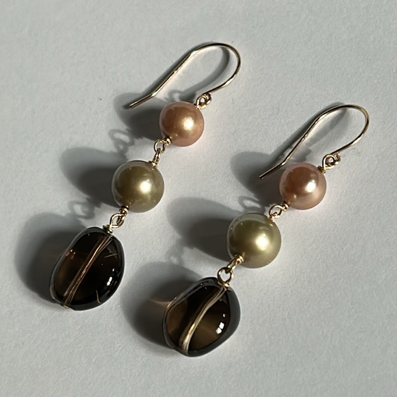 14K Yellow Gold Pearls Smoky Quartz Dangling Earrings - Picture 7 of 16